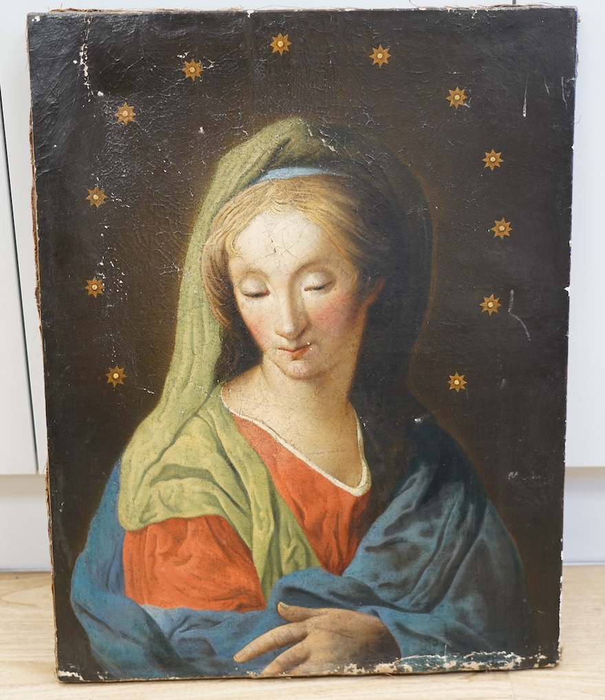 18th/19th century Continental school, oil on canvas, Study of Madonna, inscribed ‘Augsburg’ verso, 66 x 52cm, unframed. Condition - poor